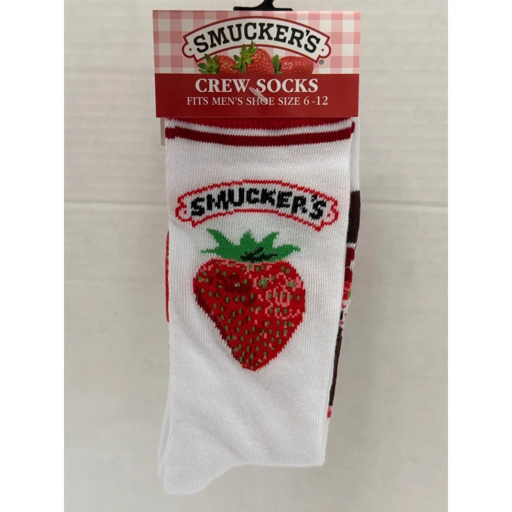Smuckers Strawberry Jam Crew Socks Mens Shoe Size 6-12 White Red Odd Sox Novelty